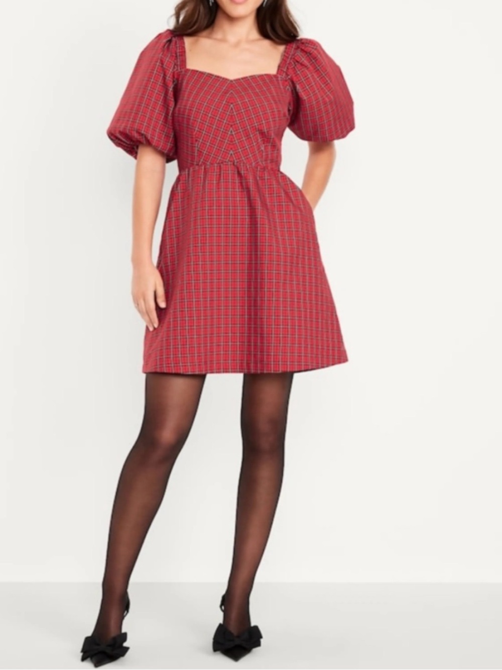 Old Navy Red Plaid Puff-Sleeve Mini Dress